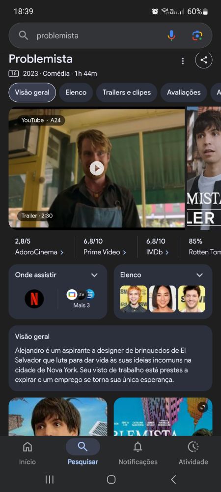 Captura de tela do resultado de busca no Google pelo nome do filme "Problemista".