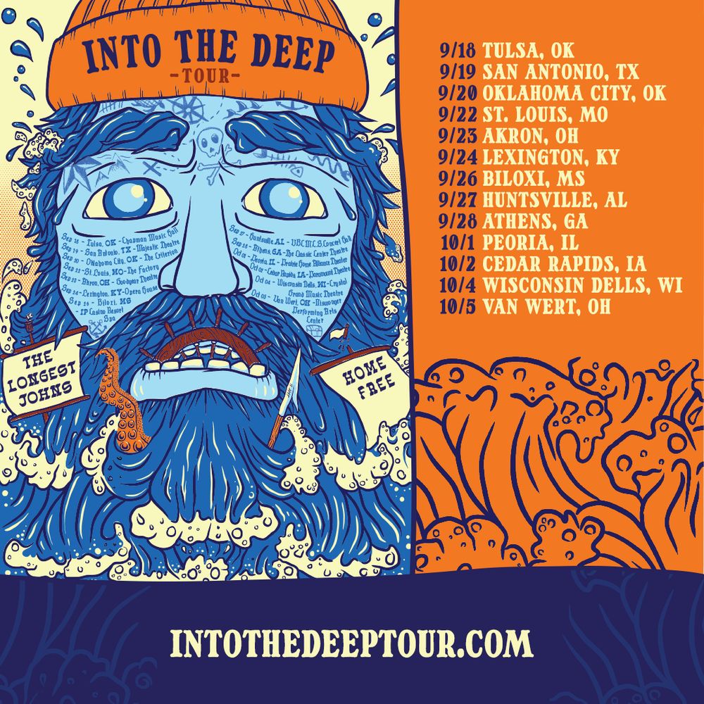 A striking tour poster for Into The Deep, a tour from The Longest Johns and Home Free.
It shows a stylised drawing of a distraught sailor's face, wearing an orange cap. His face is a cold blue hue, with hair and beard in darker blue, turning into waves and water as they progress down his face. Jutting out from the lower jaw in his open grimace of a mouth is a wooden ship's wheel. His face is scrawled with nautical tattoos (a compass, mountains, skull and crossbones, anchor, etc.) and across both his cheeks are the tour dates and venues.