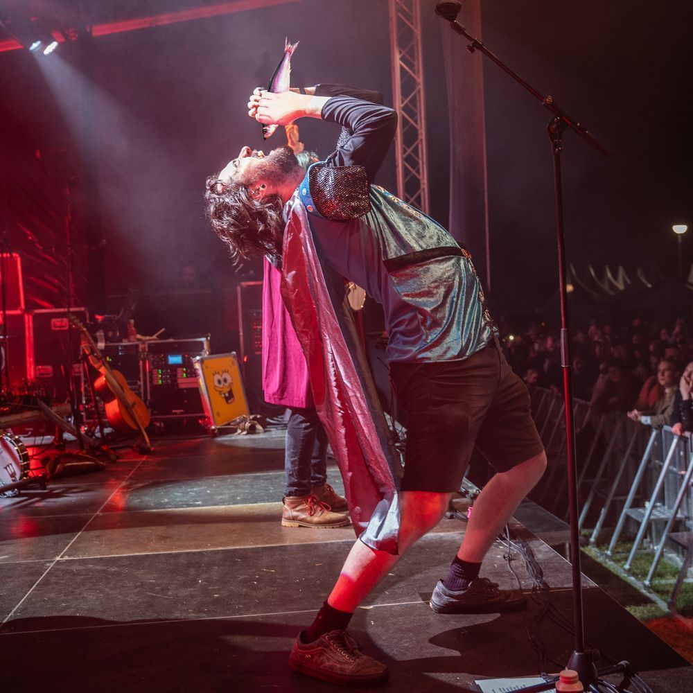 A dramatic image of Robbie on stage recently at Castlefest, leaning backwards through the POWER OF SONG, belting his notes up to the skies! But what's this, his hand appears to be holding a fish, inverted, over his mouth, instead of a microphone. Is he singing into it? Is he about to swallow it whole like a penguin? Who can say.