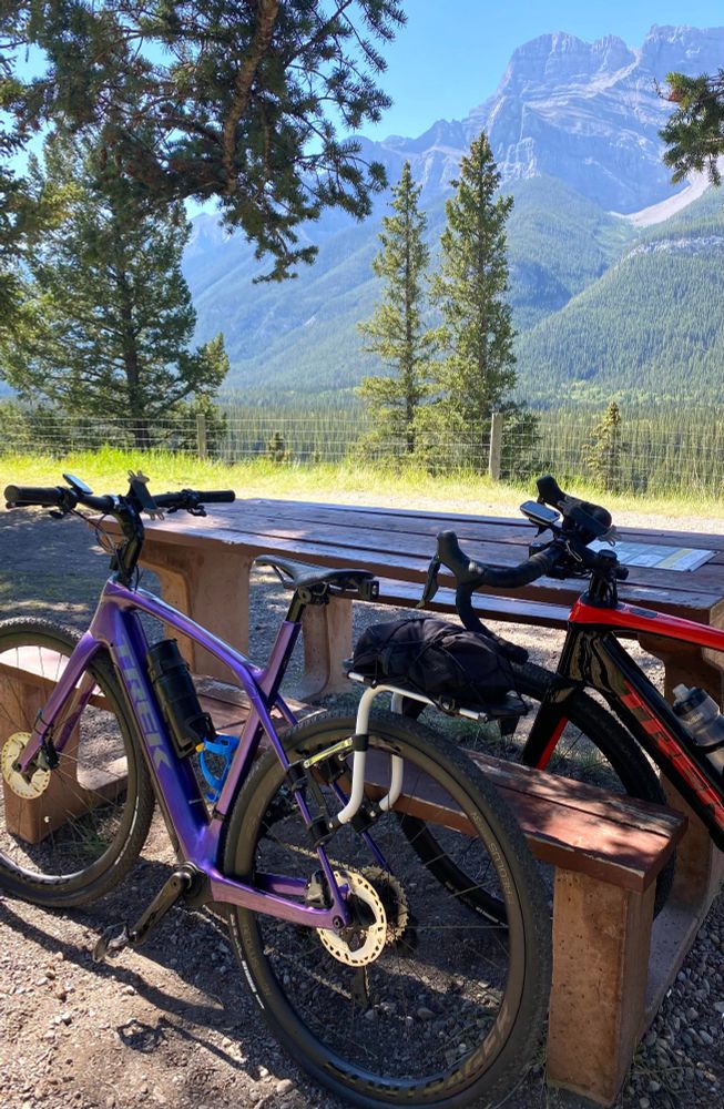 Two Trek bikes, leaning against a pick nick table, mountains in the background