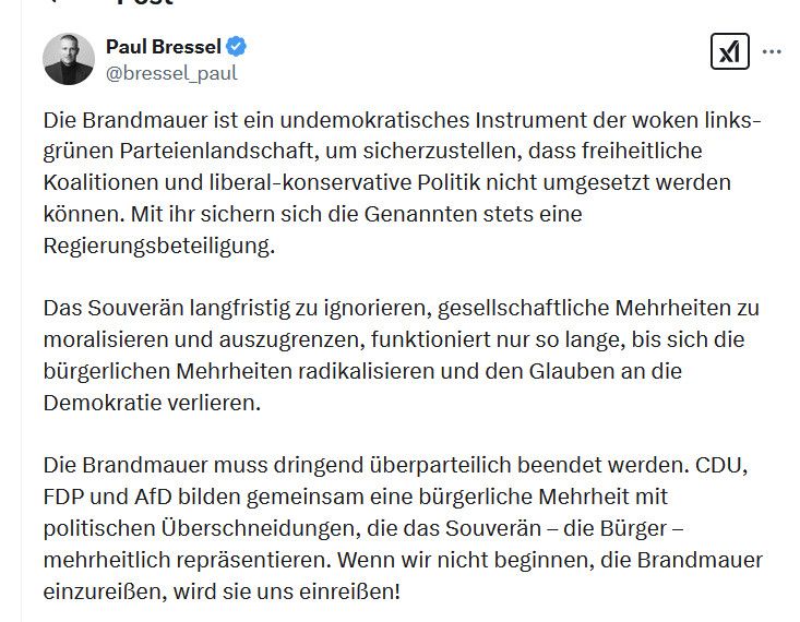 Screenshot X, in dem der FDPler Paul Bressel eine Koalition aus CDU, FDP und AFD bewirbt