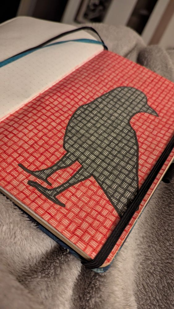 An abstract drawing of a black raven on a red background. Drawn with liner and pencils.