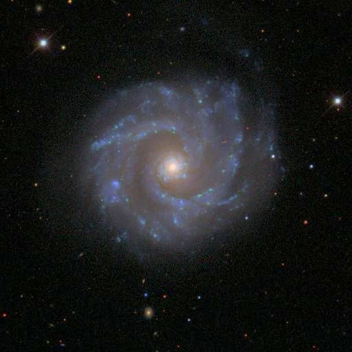 A blue spiral galaxy in space. It has two main spiral arms but many more blue bursts of star formation, and it has a small bright core with a blue ring around it. It is rotating clockwise. Another few stars and galaxies are in the space around it.