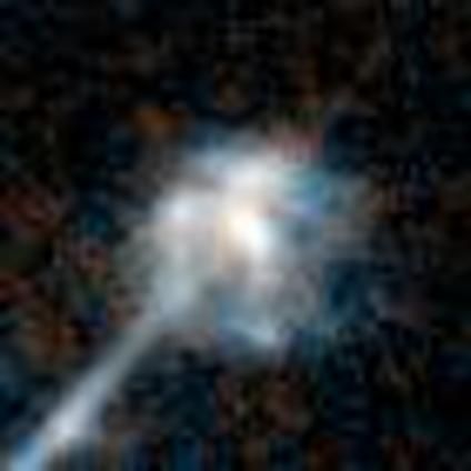 A galaxy from the new Euclid Galaxy Zoo project. It is a mess of white and blue blobbiness on a black background, not a traditional galaxy shape. It has some bright clumps, which the team is looking for especially. However, the most interesting feature is that there is a bright, straight line from the bottom left hand corner of the image to the centre of the galaxy. The line is obviously much longer than the galaxy is wide. I wonder if it is a jet or a background galaxy. (Hopefully not something boring like a diffraction spike.)