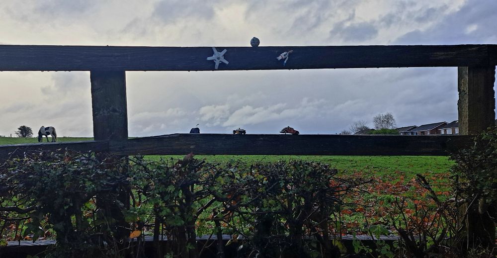 A paddock fence post with small toys hammered into ths wood, a small round star wars toy, a gear, half a toy figurine, two model cars. Horses graze in the distance.