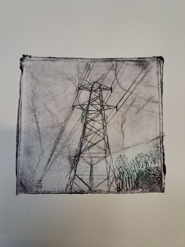 A square miniature tetrapak print of a pylon in a faint purplish sky, crinkled with static, foliage beneath.
