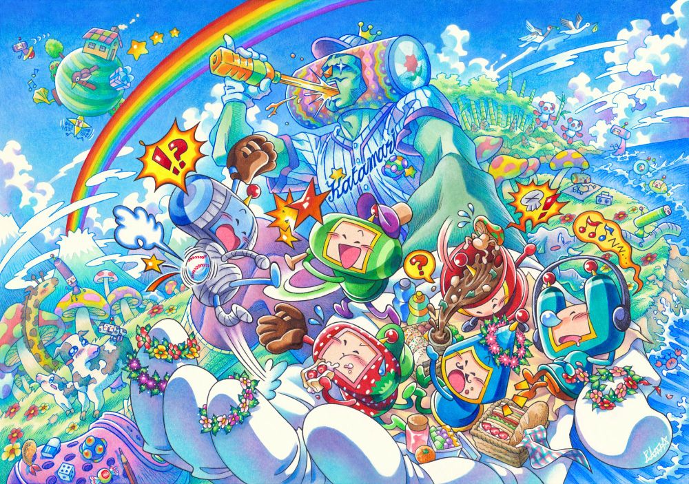 Illustration based on Katamari Damacy and We Love Katamari. The Prince and his cousins Opeo, Ichigo, Jujio, Miso, Kinoko, and Foomin are playing baseball and having a picnic on the large hand of The King of All Cosmos. In the background other cousins are interacting with various animals. The sky is bright blue with large clouds and a massive rainbow. And the Prince's home planet is seen floating far away.