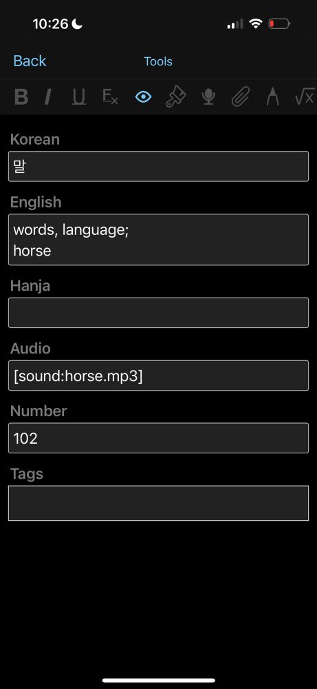 Anki Flashcard for '말‘ meaning 'Words/Language' and apparently also 'Horse'