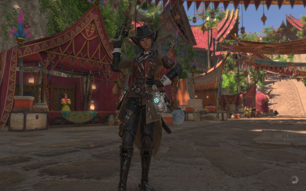 Photo from MMORPG FFIXV of a female miqo'te earing the level 100 machinist class gear