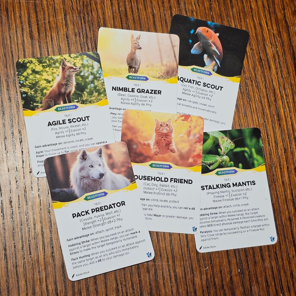 Self-made and printed beastform cards for the Daggerheart TTRPG.