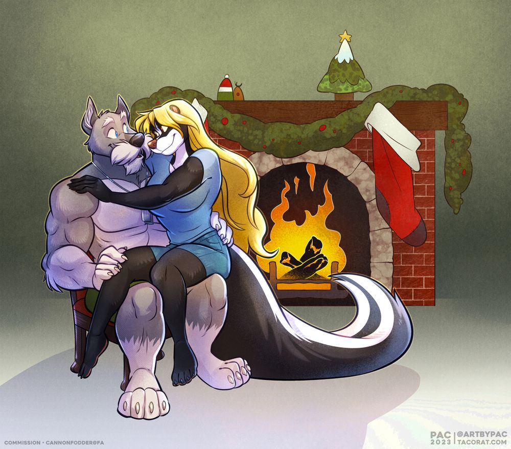 muscular dog anthro sitting in a chair with female skunk anthro sitting on his lap in front of a fireplace decorated with stockings and garland 