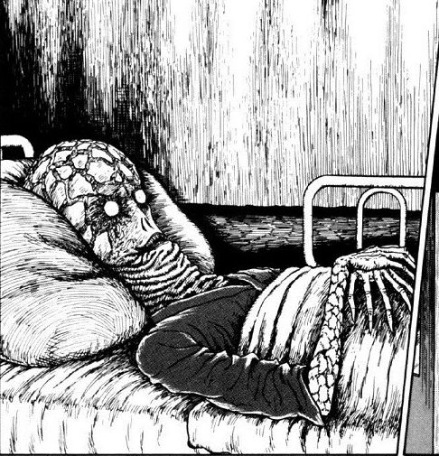 The Junji Ito “Guy who’s been awake so long he’s become a cosmic horror in his bed ”
