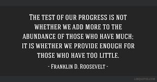 THE TEST OF OUR PROGRESS IS NOT WHETHER WE ADD MORE TO THE ABUNDANCE OF THOSE WHO HAVE MUCH: IT IS WHETHER WE PROVIDE ENOUGH FOR THOSE WHO HAVE TOO LITTLE. - FRANKLIN D. ROOSEVELT