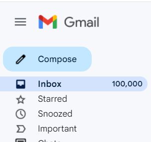 The Gmail sidebar, showing exactly 100,000 unread items in the Inbox.