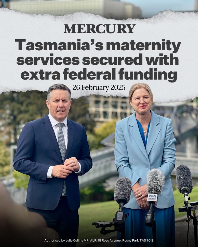 A photo of Minister for Health Mark Butler and Julie Collins MP with a newspaper headline ‘Tasmania’s maternity services secured with extra federal funding.’