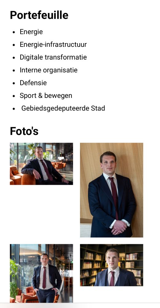 Portefeuille Energie Energie-infrastructuur Digitale transformatie Interne organisatie Defensie Sport & bewegen Gebiedsgedeputeerde Stad