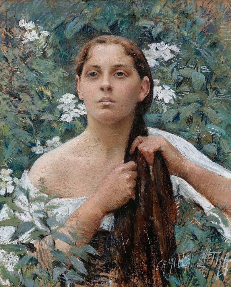 Mujer plisándose el cabello ( La cigale), 1895
 Tal día como hoy 28 de noviembre nació la pintora francesa Camille Métra, (1864 - 1936)
