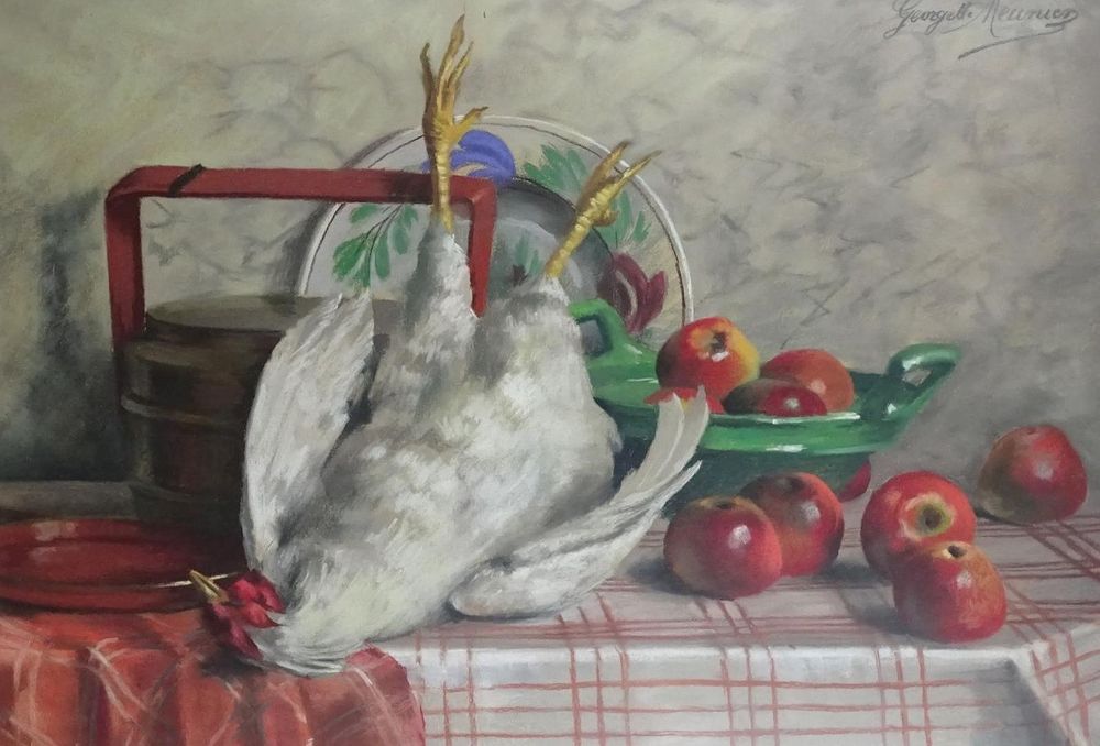 Naturaleza muerta con gallina, s/d

 Meunier expuso dos de sus obras en el Palacio de Bellas Artes durante la Exposición Universal Colombina de 1893 en Chicago, Illinois. 