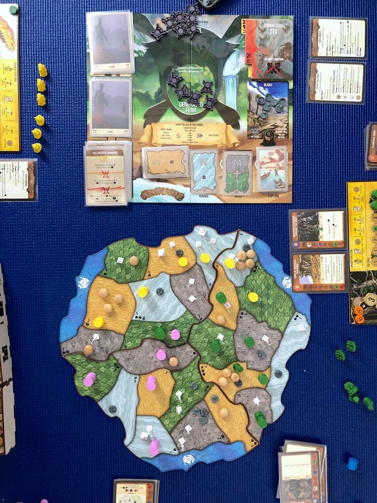 Spirit Island, main board. I was pretty disappointed in the colonists having no identity/personality. They're like orcs or robots mindlessly spreading. My friend showed me some stuff that's supposed to make them specific cultures, but he said it doesn't quite feel like distinct people, just more effects to deal with?