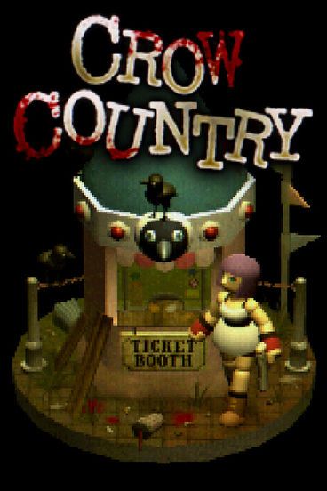 Crow Country Key Art - Retro Style Horror Video game. A run down ticket booth with a crow on top, the main character, Mara, to the right and the text Crow Country, accented with blood on top.