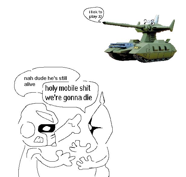 "NAH DUDE HE'S STILL ALIVE"
Gundam pixy screams whilst pointing across to the horizon.
"HOLY MOBILE SHIT WE'RE GONNA DIE"
Gyan exclaims as the magella attack tank rolls into view
