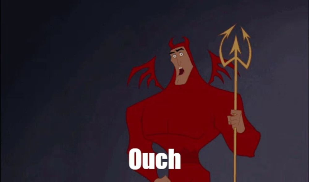 a cartoon of a devil holding a trident with the word ouch on the bottom