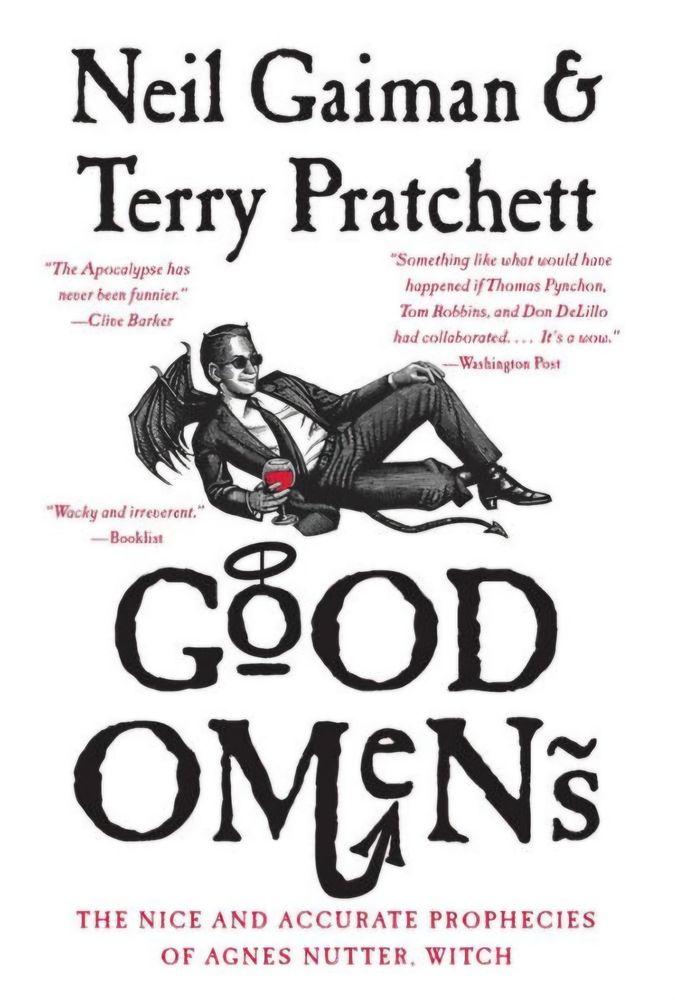 Book cover: white background with a black & white drawing of the demon Crowley reclining in a suit and sunglasses. He is holding a red drink... Good Omens by Neil Gaiman & Terry Pratchett 