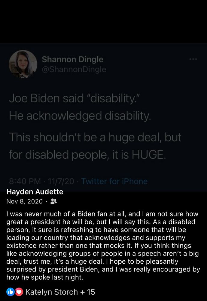 Facebook post of mine from 2020 about how it matters that Joe Biden acknowledged the existence of disability 