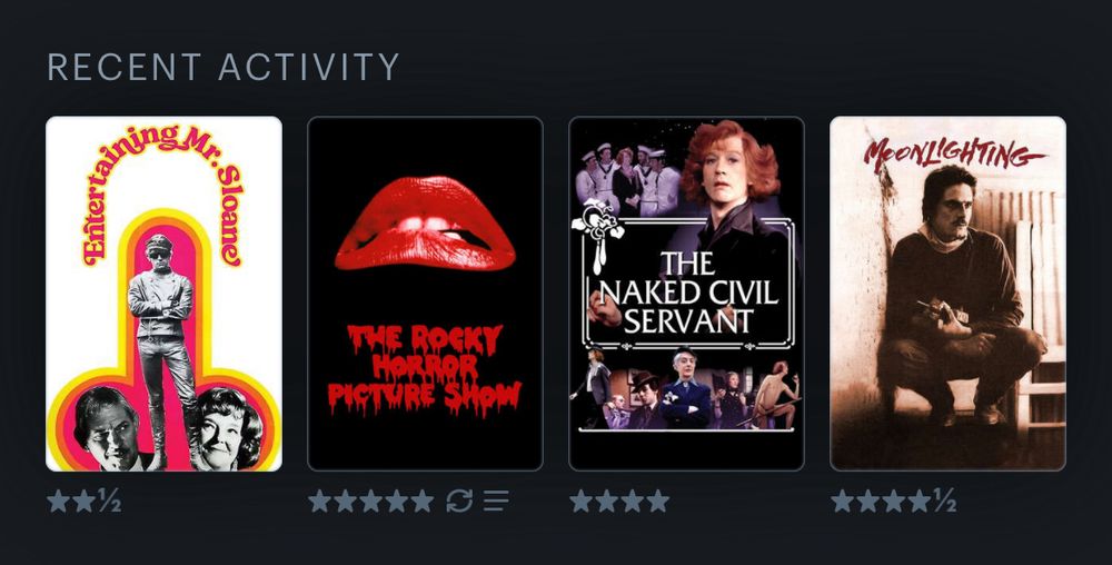 Last 4 Watched on Letterboxd: Entertaining Mr. Sloane, The Rocky Horror Picture Show, The Naked Civil Servant, and Moonlighting. 
