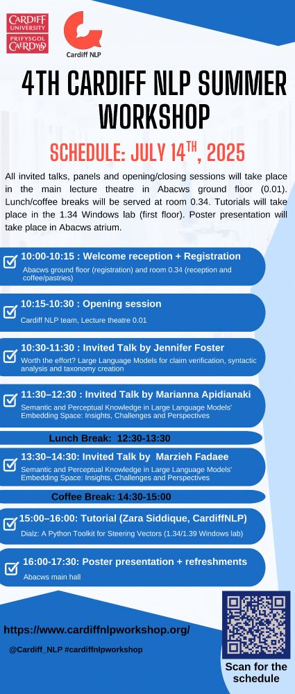 4th Cardiff NLP Workshop Day 1
MONDAY, JULY 14
10:00–10:15
Welcome reception + Registration
Abacws ground floor (registration) and room 0.34 (reception and coffee/pastries)
10:15–10:30
Opening session
Cardiff NLP team, Lecture theatre 0.01
10:30–11:30
Jennifer Foster
Worth the effort? Large Language Models for claim verification, syntactic analysis and taxonomy creation
11:30–12:30
Marianna Apidianaki
Semantic and Perceptual Knowledge in Large Language Models' Embedding Space: Insights, Challenges and Perspectives
Lunch break 12:30-13:30
13:30–14:30
Marzieh Fadaee
Rethinking Evaluation for the Future of Language Models
Coffee break 14:30-15:00
15:00–16:00
Tutorial (Dialz: A Python Toolkit for Steering Vectors)
Where: 1.34/1.39 Windows lab
Presented by Zara Siddique (Cardiff NLP)
16:00–17:30
Poster presentation + refreshments
All participants.
Where: Abacws main hall