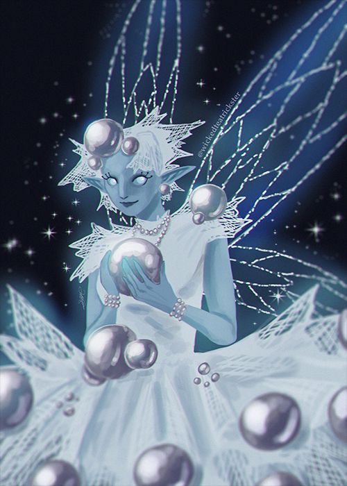 A digital painting of a fairy holding a silver pearl. She has glittery insect-like wings, tiny pearl bracelets, and is wearing a white netted sleeveless dress. On her head are three pearls, one large and two small, and an additional netted hat.