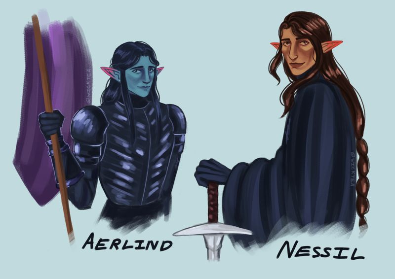 Two half-body portraits of two masculine elves, one blue-skinned, the other brown-skinned. The blue-skinned elf has black hair and is holding a purple standard banner. The brown-skinned elf has dark brown hair and is resting his hand on the pommel of a great-sword.