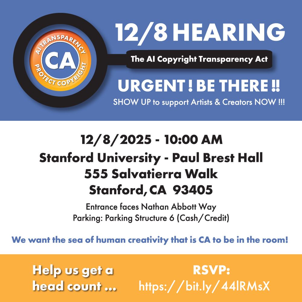 12/8/25 Hearing at Stanford (Paul Brest Hall) 10am - BE THERE!

Show up to support artists and creators and to protect copyright!
