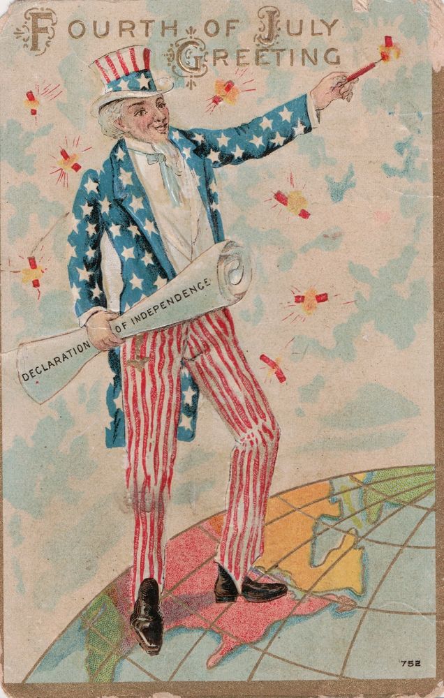 Early 1900s post card featuring "Uncle Sam" lighting sparklers for the Fourth of July, US Independence Day