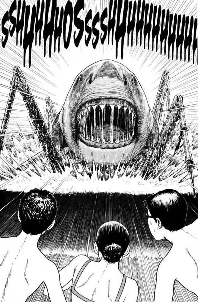 A terrifying image of a shark emerging from the water on thin metallic legs as three people in swimsuits look on in shock. Art by Junji Ito from the manga collection Gyo.