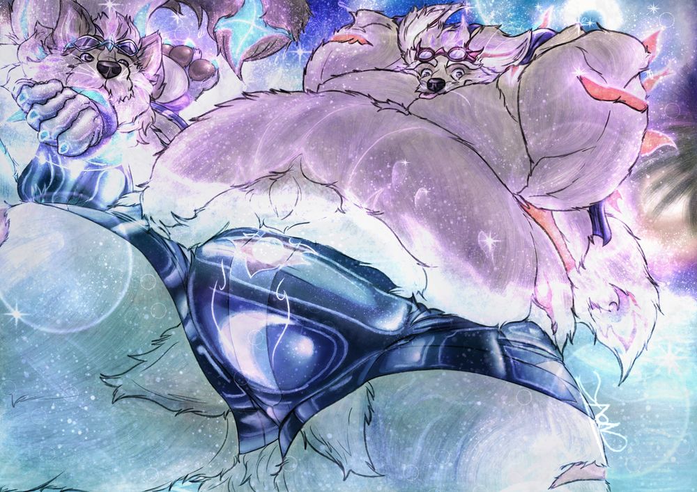 The Story Behind The Outfit





Father & Son beneath a Celestial Dusk — Beach of the Sun-Moon Kiss



At the very moment when golden sunlight melts into silver moon-glow along the horizon, Crispy (the father) and Daneobejan (the son) arrive at a shoreline that shimmers like a cosmic mirror.

Crispy sports a swim-suit drenched in twilight hues; radiant lines of sun and moon drift across the fabric, embodying his role as the bridge between day and night.

Daneobejan, meanwhile, is wrapped in star-spangled lycra that gleams like liquid starlight; a luminous gem at his chest fuses solar and lunar energy, as if the universe itself shields his every step.

Violet and aquamarine tones dance across their thick fur, while bubbles of light sparkle around them like nebular dust. The piece celebrates not only their seaside fun, but also the bond of family—and the cosmic magic that turns an ordinary moment into a private myth written in sand.

