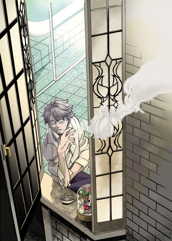 バスルームの窓辺でタバコを吸うアズール