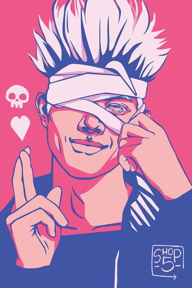 Image description: This is a stylized portrait of Gojo from Jujutsu Kaisen. The figure has spiky white hair, a playful expression, and a pink and purple color palette. The character has a bandage wrapped around their head and one eye, with the other eye peeking out. One hand is raised to use his technique, and the other hand appears to be pulling the bandage down. In the background, there are two emojis: a small skull and a heart. The image is framed with vibrant lines and flat colors.]