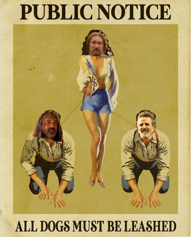 A poster that says
Public notice
All dogs must be leashed

Pop pop's head is over the body of a woman holding two leashes with men on them. Ed and Izzy's heads are over the men's heads.