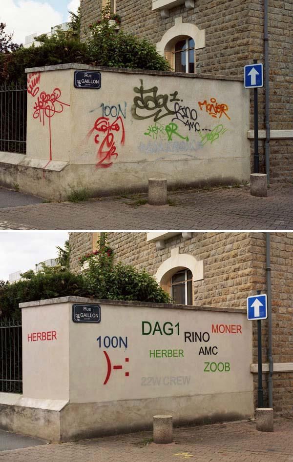 Mathieu Tremblin painting over graffiti to make it legible.