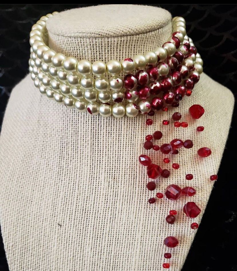 Blood drop / cut throat pearl necklace by Hell’s Belle designs