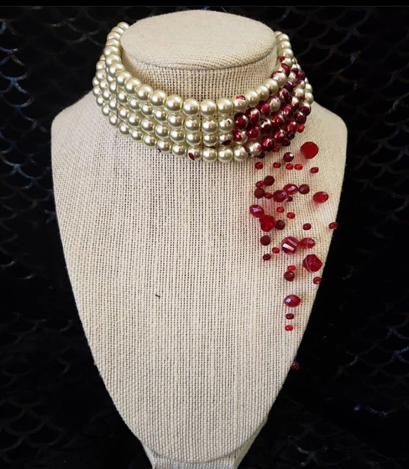 Blood drop / cut throat pearl necklace by Hell’s Belle designs