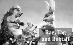 Old fashioned picture of a rabbit, a hedgehog and a mouse, with the caption: Rag, tag and bobtail.
