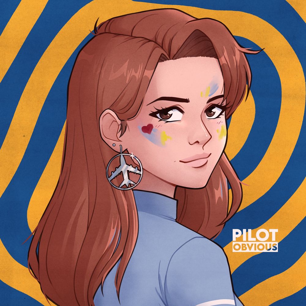 digital illustration of a woman with long red hair, brown eyes, and airplane earrings looking over her shoulder. Her face has some yellow and blue paint smudges and she has a red heart drawn on her cheek