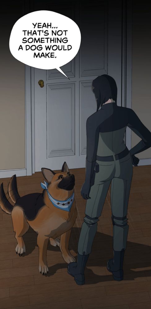Comic panel of Amy looking down at the scratched floors while a derpy German Shepherd dog looks up at her. Amy says, "Yeah... that's not something a dog would make."