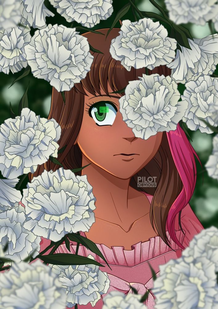 Illustrated portrait of Maddie in a pink dress hiding behind a bunch of white carnations. She is looking at the camera while her eye is glowing green from the HUDset. She has a neutral expression that looks a little uncertain.