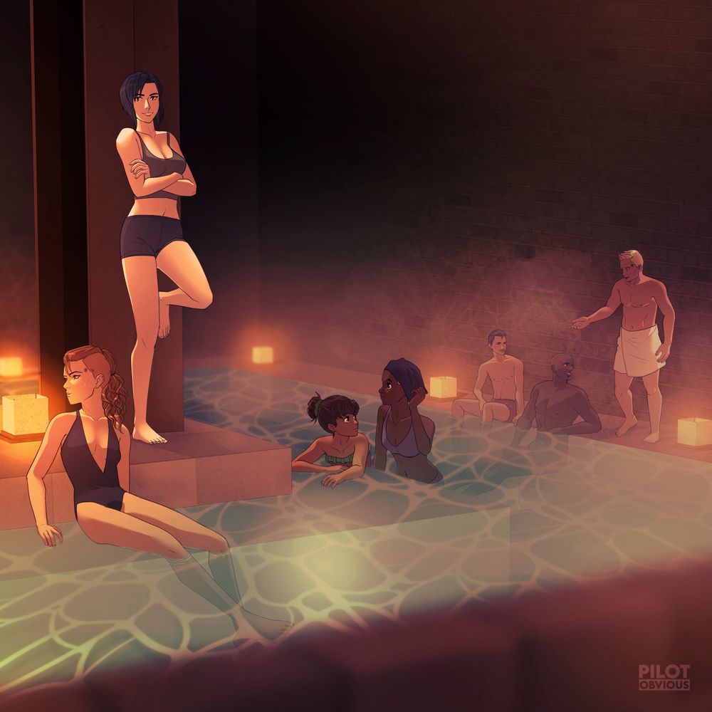 Digital illustration of a bunch of characters from the comic Future Agents at a bath house.