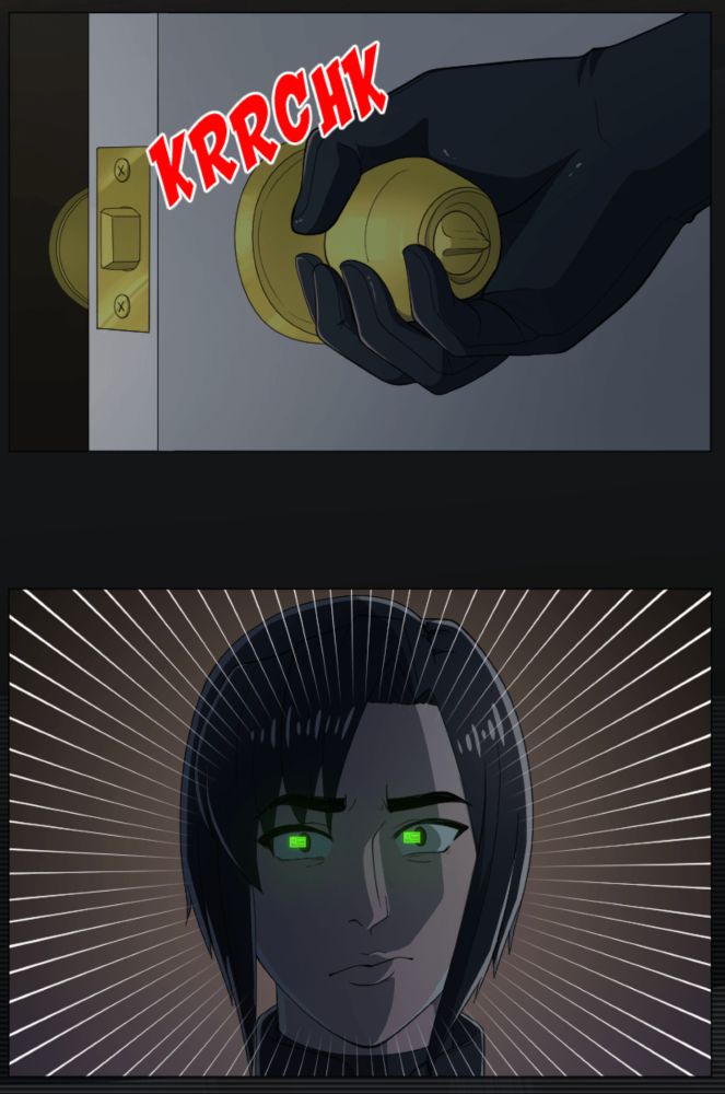 Comic panels featuring Amy opening a door and looking surprised while her eyes glow green from the HUDset.