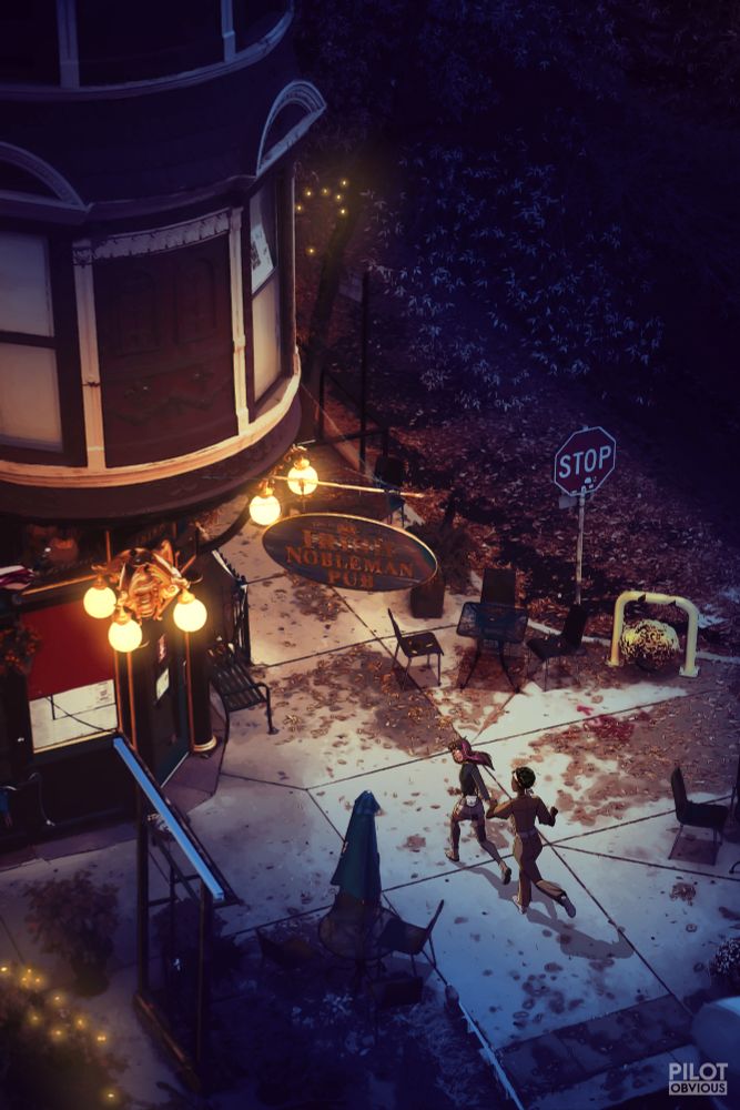 An aerial view featuring the same autumn scene as the first image, except this is taking place at night and there are two young teenagers running along the sidewalk in a playful manner. The street lights are bright and help the two teenagers stand out on the illustration.