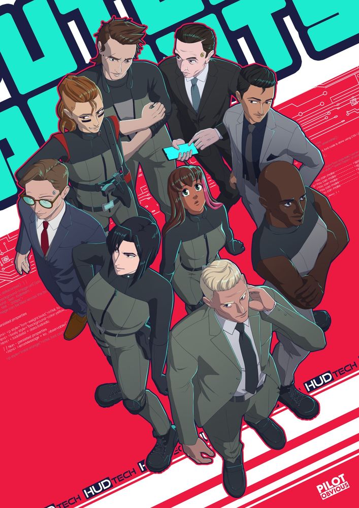 Digital illustration of a group of Future Agents with a stylized cyberpunk background. This is the same image as the previous one, but there is no teal hue over the characters.